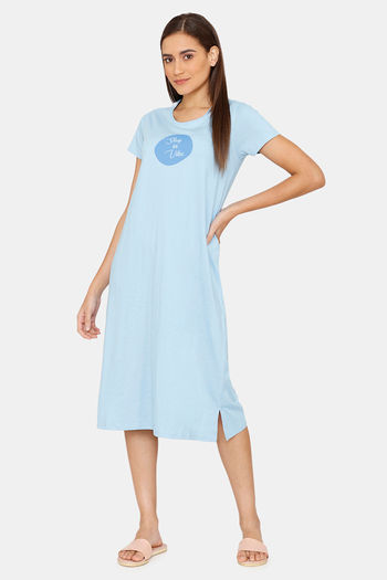 Buy Rosaline Geo Blooms Knit Cotton Mid Length Nightdress  - Airy Blue